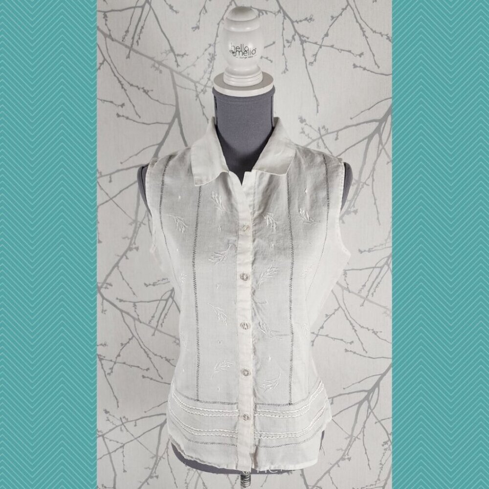 Laura White Floral Embroidered 100% Linen Button Front Tank